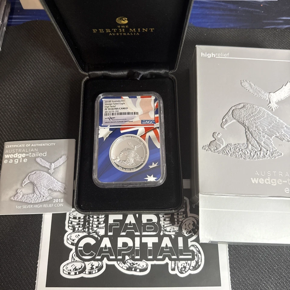 2018P Perth Mint Silver Wedge-Tailed Eagle alto relevo NGC PF70 núcleo da bandeira australiana - Imagem 1 de 4