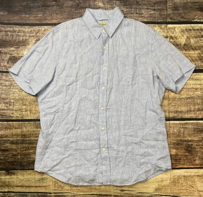 LL Bean Shirt Mens Large Linen Button Up Short Sleeve Pocket Blue - Image 1 of 4