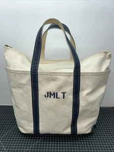 Vtg LL Bean Boat ToteLarge Zip Top  Stiff Canvas USA Blue 16”x14”x8 Monogrammed - Picture 1 of 16