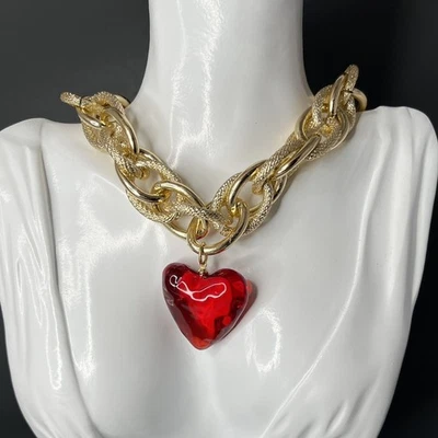 Gripoix Heart Choker Necklace Chunky Gold Chain Red Poured Resin Statement 16" - Image 1 of 4