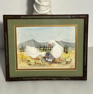 Vintage Watercolor Painting White Goose Geese Bucket Country Barbara Sheldon - Picture 1 of 9