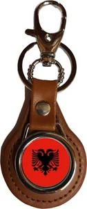 Albania Brown PU Leather Round Key Fob And Gift Bag - Picture 1 of 3