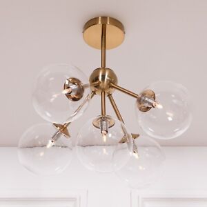 Contemporary Gold Satin Finish Art Deco 5 Light Sputnik Glass Ball Ceiling Light