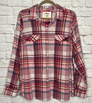 2X/3X New Cotton Red Pink Navy Blue White Plaid Shirt Top Tunic Blouse Pockets - Imagem 1 de 4