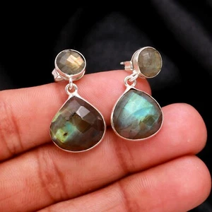 Pendientes colgantes de piedras preciosas de labradorita hechos a mano de plata de ley 925 joyería - Imagen 1 de 4