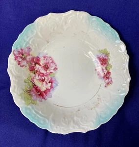 Floral Serving Bowl 10 1/2" White Blue w Pink Flowers Green unmarked German? vtg - Picture 1 of 13