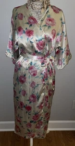 Vintage Echanted Damen M Morgenmantel Satin lang gelb/rosa Rosen Blumen Cottagecore - Bild 1 von 12