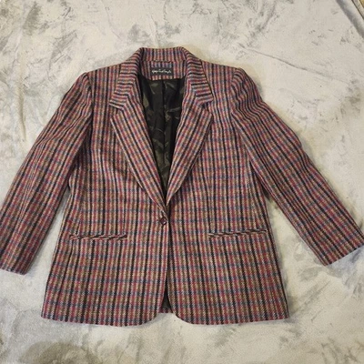 Giorgio Dant Angelo Womens 100% Wool Blazer Sz 14 Cranberry Plaid Winter Holiday - Image 1 of 4