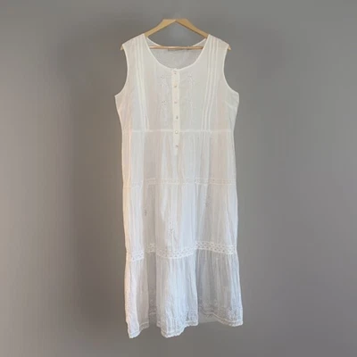 Vintage Jane Ashley Midi Dress L White Sleeveless Floral Embroidery Cotton Boho - Image 1 of 4