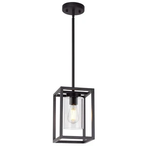 1 Light Farmhouse Pendant Lighting Black Cage Chandelier Glass Shade Contempo... - Picture 1 of 7
