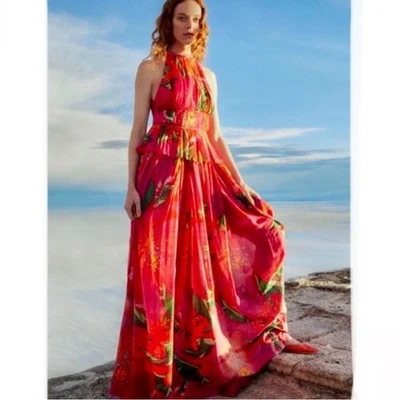 NEW FARM Rio Red Pietra Floral Sleeveless Maxi Dress Chiffon Rhinestones Size XL - Image 1 of 4