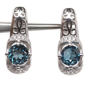 925 Sterling Silver 6 mm. London Blue Topaz & White Zircon Earrings - Picture 1 of 4