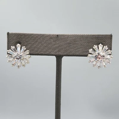 NWOT Baguette CZ Ballerina Style Rhodium Plate Round Huggie Post Earrings - Image 1 of 4