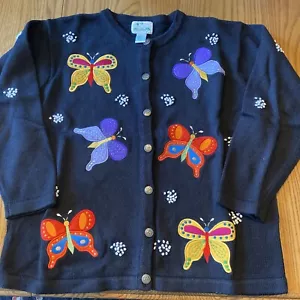 Quacker Factory Large Button Cardigan Sweater yellow blue purple bumblebees - Picture 1 of 6