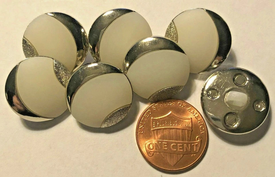 7 Silver Tone & Off-white Plastic Shank Buttons Just Over 11/16" 18mm 9664 - Image 1 of 1