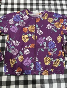LulaRoe Kids Monroe Lightweight Jacket Pockets  Size 12 Purple Roses #807 - Picture 1 of 5