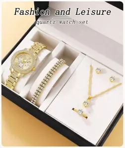 6PCS Set Luxury Watch Women Ring Necklace Earrings Rhinestone Fashion Wristwatch - Picture 1 of 6
