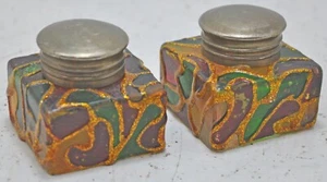 Set of 2 Vintage Glass Ink Bottle With Brass Cap Original Old Painted Glass - Picture 1 of 9
