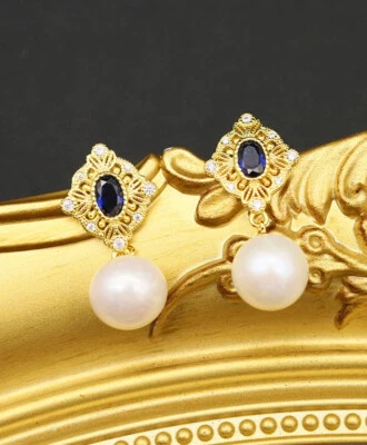 D17 Orecchini Rombo con Zirconia Bianco Blu Perla 925 Argento Dorato - Immagine 1 di 4