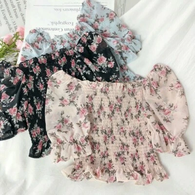 Women Chiffon Floral Blouse Crop Top Ruffle Frill Peplum Pleat Lolita Retro Blue - Image 1 of 4