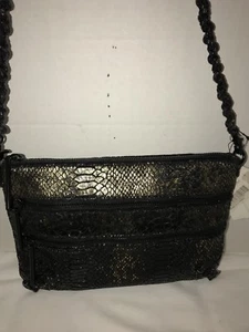 ELLIOTT LUCCA MESSINA METALLIC BLACK/GOLD LEATHER CROSSBODY BAG/PURSE 106483 - Picture 1 of 8