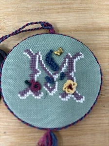 “M” Maria Completed Cross Stitch Floral Pattern Scissors Fob And Stork Scissors - Picture 1 of 9