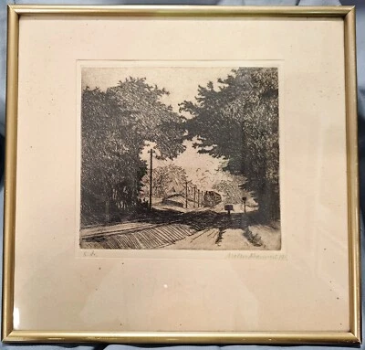 Radierung Walter Kramme (1888-1949), Landschaft mit Eisenbahnzug, gerahmt - Bild 1 von 4