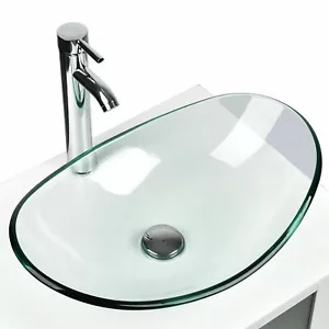 Bathroom Vessel Sink Tempered Glass Counter Top Oval Basin Bowl Popup Faucet Set - Picture 1 of 8