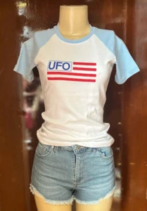 Vintage UFO Jeans Woman's Baseball Ball T Shirt White & Light Blue - Picture 1 of 3