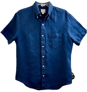 J CREW Baird McNutt Irish Linen Medium Navy Blue Short Sleeve Button Up & Pocket - Picture 1 of 14