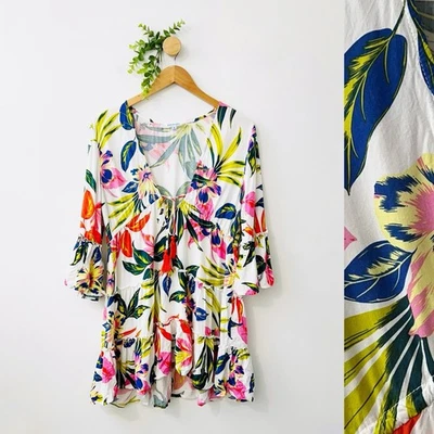 Vestido Blue Island Floral Borlas Playa Costero Encubrimiento Talla Mediana Foto 1 de 4