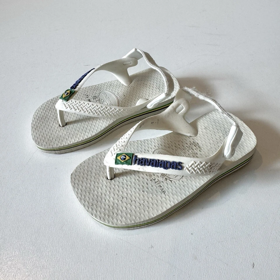 婴儿 Havaianas 白色露趾拖鞋凉鞋 7C 码巴西国旗 — 第 1/4 张图片