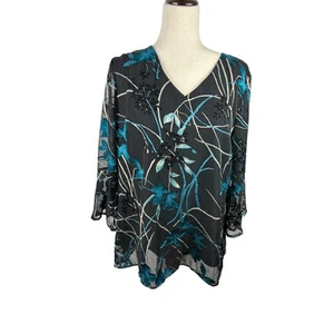 Roz & Ali Sheer Black, Teal and White Top over Black Size L EUC - Picture 1 of 6
