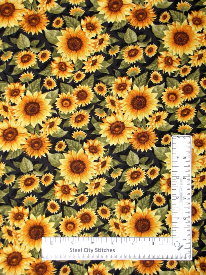 向日葵秋季织物花卉黑色金色收获可选棉按码按 — 第 1/1 张图片