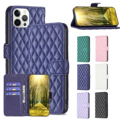 Leather Grid Card Wallet Phone Case For iPhone  11 12 13 14 Pro Max XR XS 8 7 SE - Image 1 of 4
