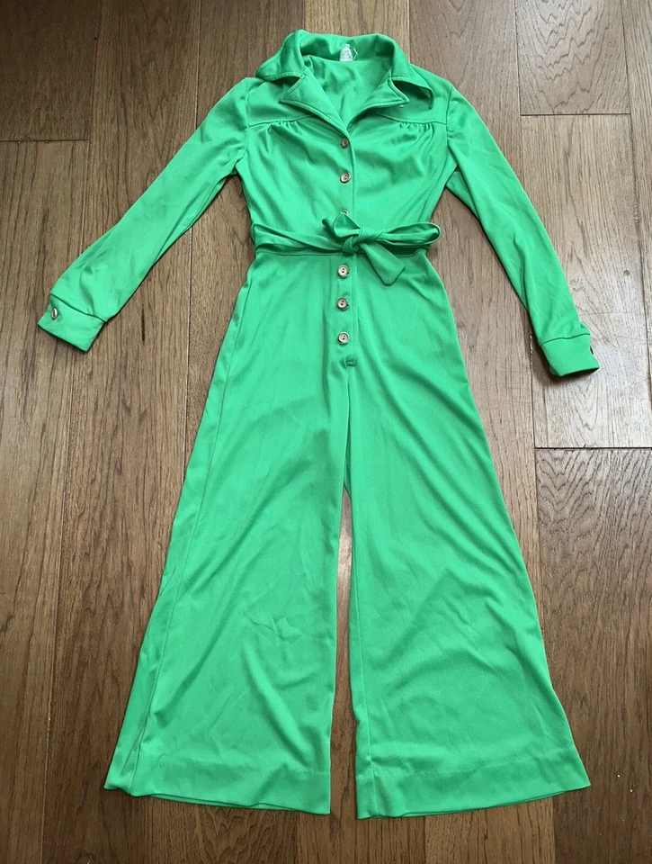 Mono Hippie Boho De Colección Años 60 70 Botón Delantero Pierna Ancha Verde Lima Disco RARO Foto 1 de 4