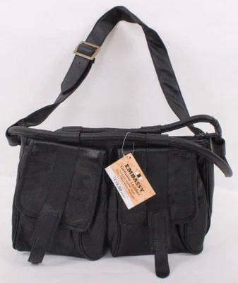 BOLSO DE CUERO GENUINO EMBAJADO NEGRO CON CORREA PARA EL HOMBRO Y 2 BOLSILLOS EXTERIORES $179 Foto 1 de 4