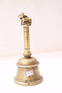 Antique Old Solid Brass Holy Religious Nandi Cow Ox Engraved Temple Bell NH2749 - Picture 1 of 9