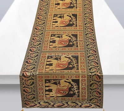 Ethnic Long Table Runner Overlay Black Brocade Elephant Tassel Kitchen Linen - Image 1 of 4