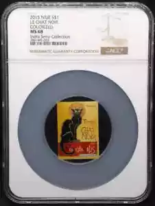 2015 $1 Niue Colorized Le Chat Noir 1/2oz .999 Silver NGC MS68 Indro Seno #M32 - Picture 1 of 2