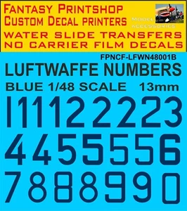 German Luftwaffe Code Numbers BLUE 13mm FPNCF-LFWN48001B 1/48 scale - Picture 1 of 4