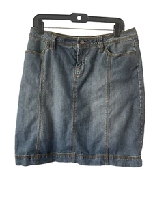 CAbi Denim Skirt Womens Size 8 #482 Medium Stonewash A-Line Stretch gold stitch - Picture 1 of 3