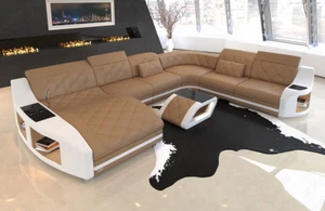 Interior Design Sofa Leather Swing XXL Couch Ottoman LED Beige Corner - Picture 1 of 9