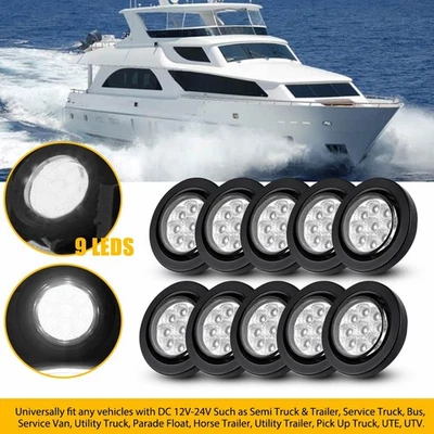 2 Inch Round White 9 LED Side Marker Clearance Light with Grommet 10PCS 12V-24V - Imagem 1 de 4