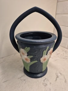 Vtg Roseville Pottery Basket With Handle Reproduction Flowers Blue 10” x 7.5” - Picture 1 of 11