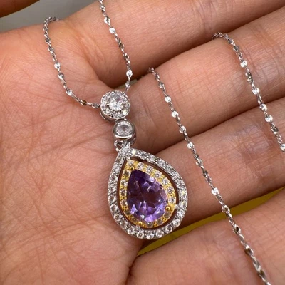 925 Sterling Silver Necklace 8x5mm Natural Amethys Gemstone Zircon Teardrop NEW - Image 1 of 4