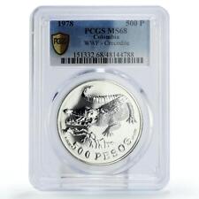 Colombia 500 pesos Conservation Crocodile Fauna MS68 PCGS silver coin 1978