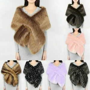 Women Faux Fur Shawl Bolero Stole Warm Soft Wedding Cape Shrug Scarf Winter - Picture 1 of 21