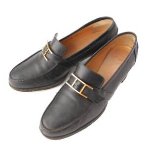 HERMES #3 Api Leather Buckle Loafer Heel Black 34 Authenticated