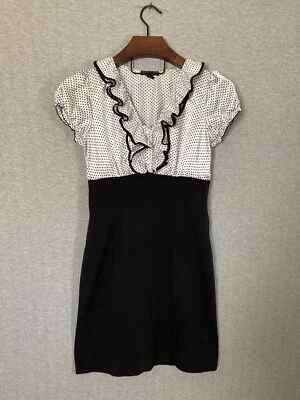 BCX Dress Size 7 Dot Babydoll Bodice Ruffle Neck Black Side Zip Short Sleeve - Image 1 of 4